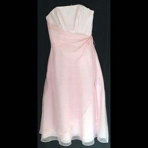Straplesss, pink chiffon, midi length party dress.